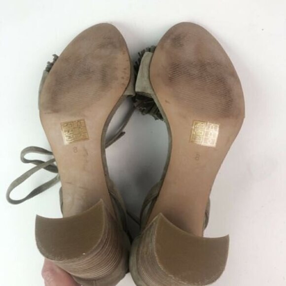 MADEWELL Lainy Sandals Ankle Wrap block heel  Clay Taupe Suede Pom Fringe Shoes - Picture 8 of 10